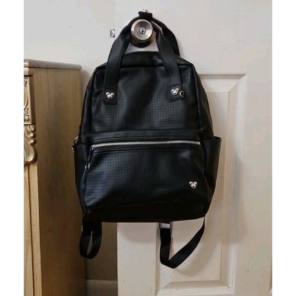 Disney Mickey Mouse Icon Flair Pin Black Faux Leather Backpack Retired Style